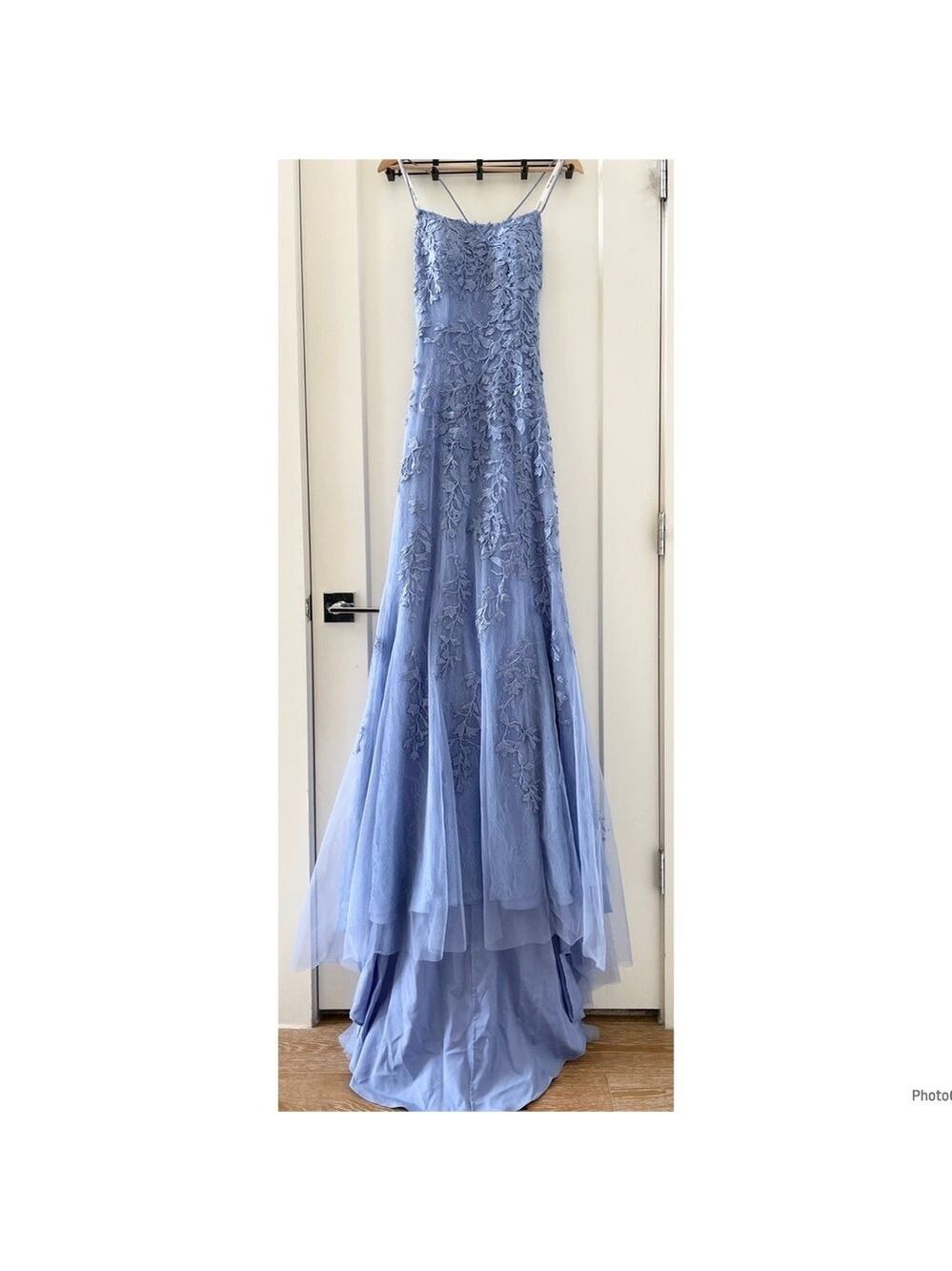 Sherri Hill Blue Lace Evening Gown Mermaid Medium Tail Prom Dress Party Size 6 - Picture 4 of 10